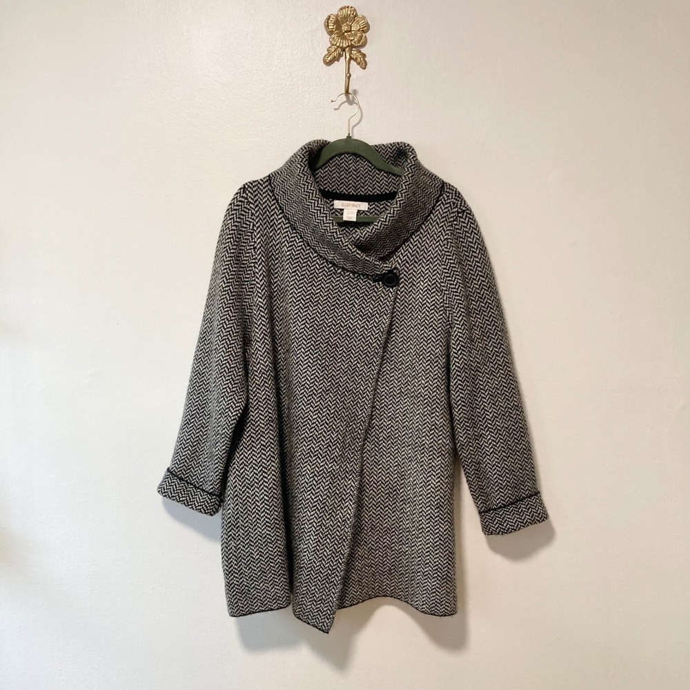 Black White Herringbone Wool Blend Knit Cardigan Jacket Ellen Tracy 2X Academia